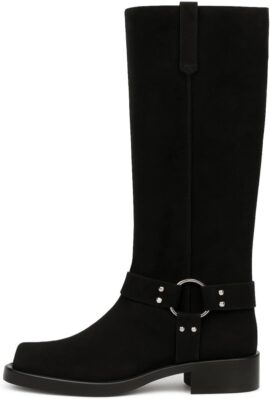Womens Knee High Chunky Heel Boots | Square Toe Biker - 7.5, Black Suede