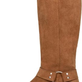 Womens Knee High Chunky Heel Boots | Square Toe Biker - 9.5, Brown Suede