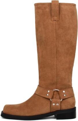 Womens Knee High Chunky Heel Boots | Square Toe Biker - 6, Brown Suede