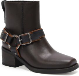Women’s Square Toe Western Biker Boots | Stacked Heel - Brown, 11