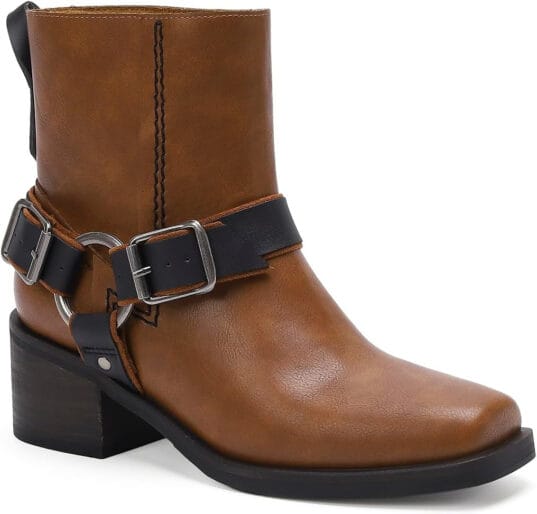 Women’s Square Toe Western Biker Boots | Stacked Heel - Camel, 6