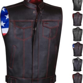Men’s SOA Club Style Leather Motorcycle Vest | Back Armor - Small, Usflag