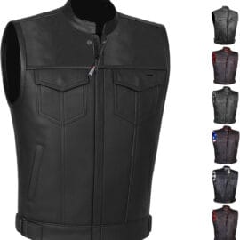 Men’s SOA Club Style Leather Motorcycle Vest | Back Armor - X-Large, Black