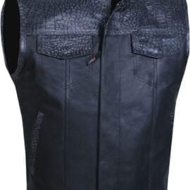 Men’s SOA Club Style Leather Motorcycle Vest | Back Armor - Medium, Crocodile Black