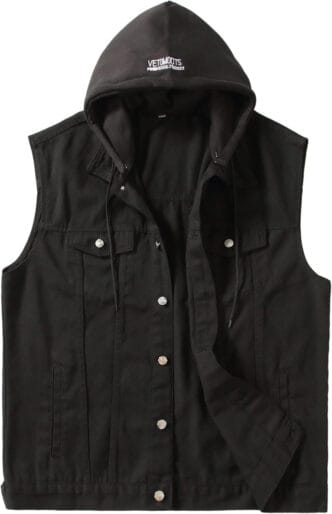 PRIJOUHE Men’s Black Denim Motorcycle Vest | Plus Sizes - Small, 15-black(hooded)