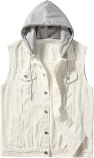 PRIJOUHE Men’s Black Denim Motorcycle Vest | Plus Sizes - X-Large, 15-white(hooded)