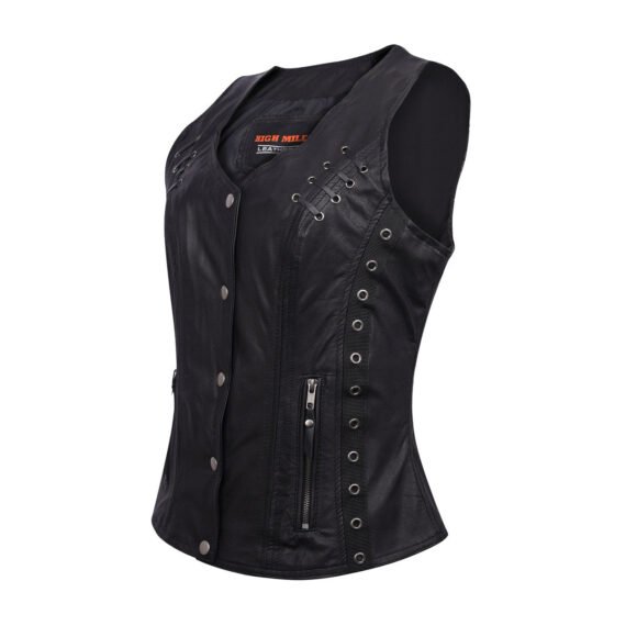 high mileage womens black soft goatskin vest | twill lace | grommet highlights