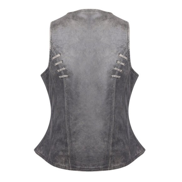 high mileage womens distressed gray soft goatskin vest | twill lace | grommets