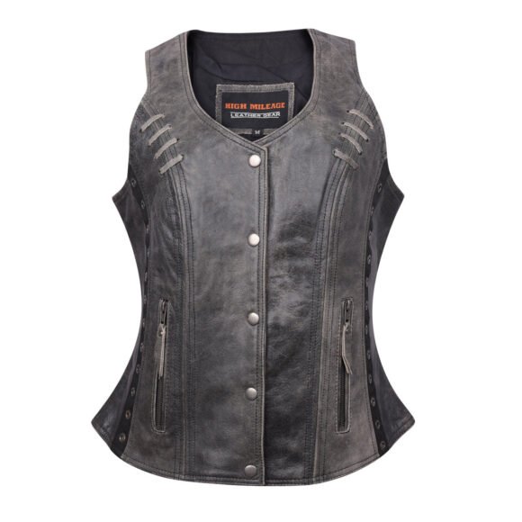 high mileage womens distressed gray soft goatskin vest | twill lace | grommets