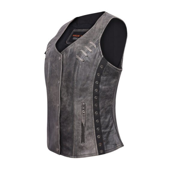 high mileage womens distressed gray soft goatskin vest | twill lace | grommets
