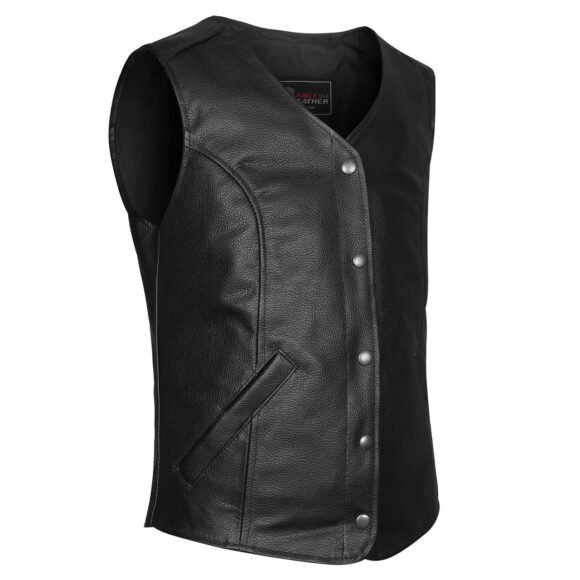 womens black leather lady vest | five snap