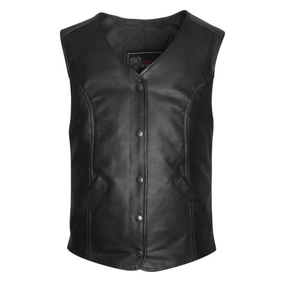 womens black leather lady vest | five snap