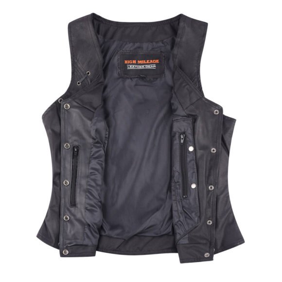 high mileage womens black soft goatskin vest | twill lace | grommet highlights