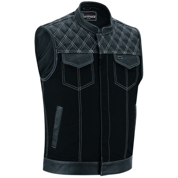 mens denim | leather motorcycle vest | conceal carry pockets | white stitching