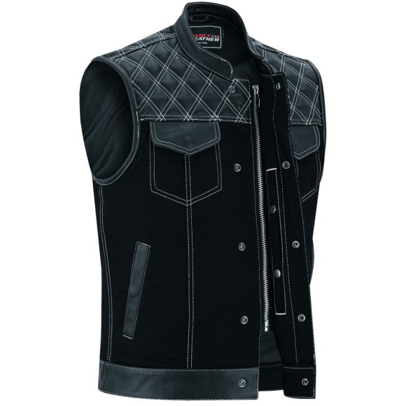 mens denim | leather motorcycle vest | conceal carry pockets | white stitching