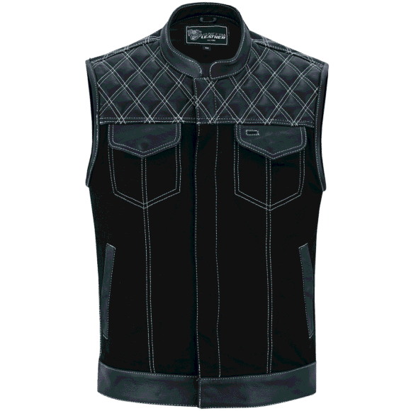 mens denim | leather motorcycle vest | conceal carry pockets | white stitching