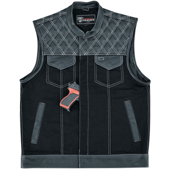 mens denim | leather motorcycle vest | conceal carry pockets | white stitching