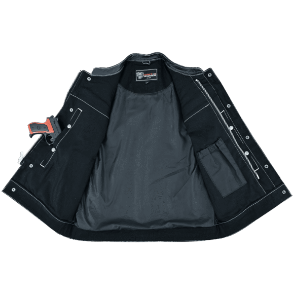 mens denim | leather motorcycle vest | conceal carry pockets | white stitching