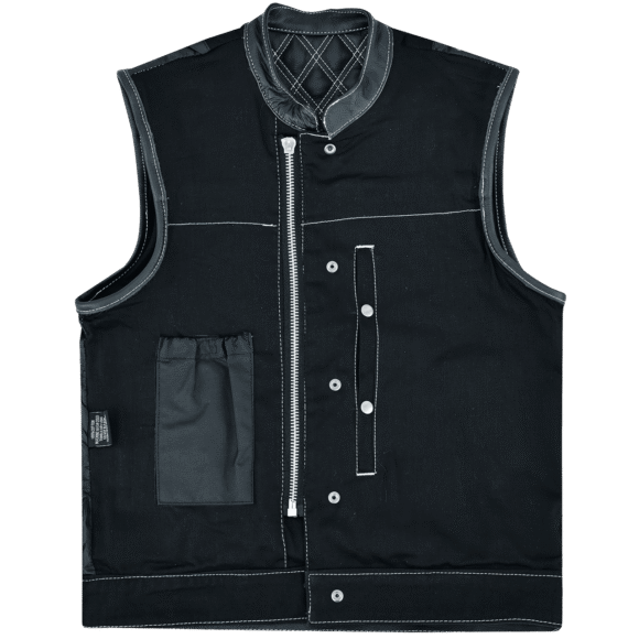 mens denim | leather motorcycle vest | conceal carry pockets | white stitching