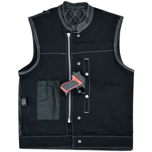 mens denim | leather motorcycle vest | conceal carry pockets | white stitching