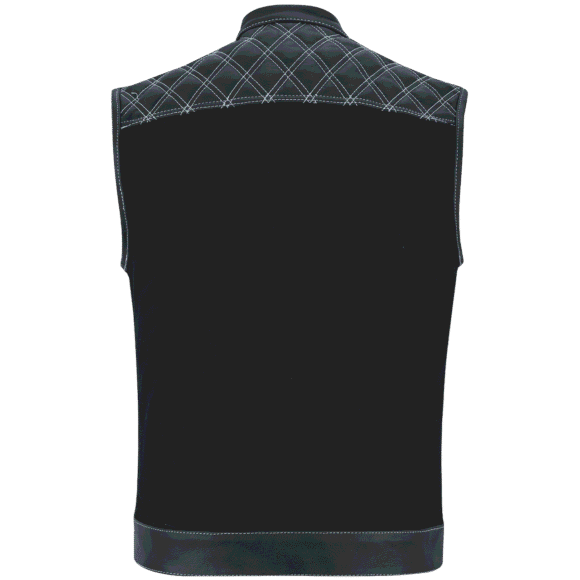 mens denim | leather motorcycle vest | conceal carry pockets | white stitching