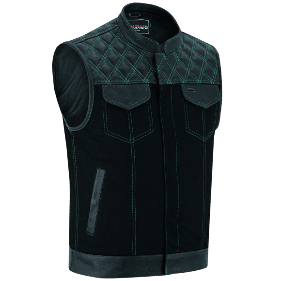 mens denim | leather motorcycle vest | conceal carry pockets | green stitching.