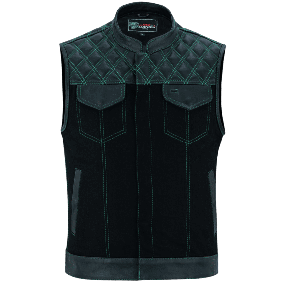 mens denim | leather motorcycle vest | conceal carry pockets | green stitching.