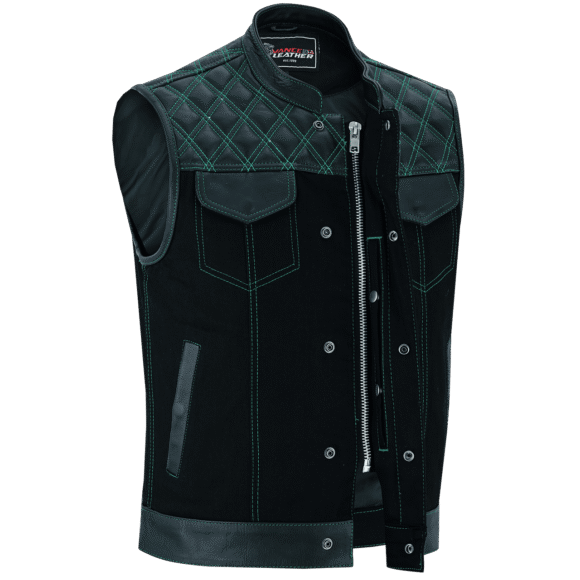 mens denim | leather motorcycle vest | conceal carry pockets | green stitching.