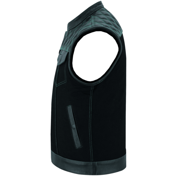 mens denim | leather motorcycle vest | conceal carry pockets | green stitching.
