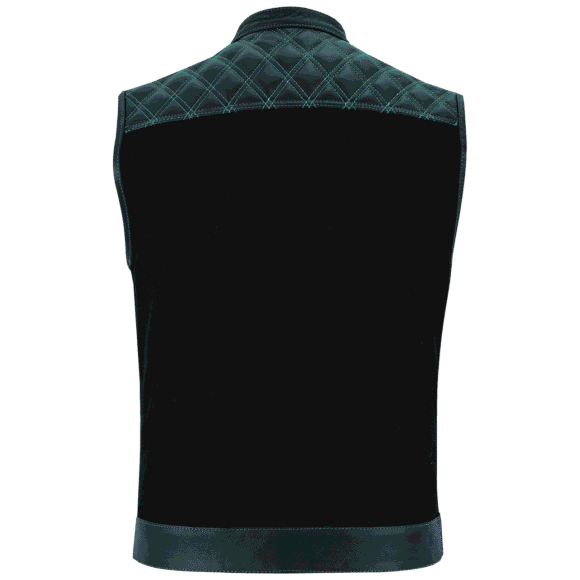 mens denim | leather motorcycle vest | conceal carry pockets | green stitching.