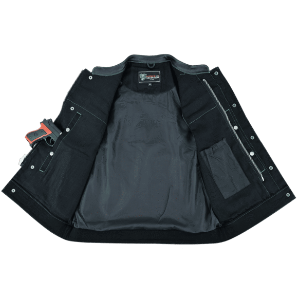 mens denim | leather motorcycle vest | conceal carry pockets | green stitching.