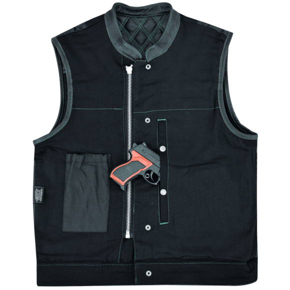 mens denim | leather motorcycle vest | conceal carry pockets | green stitching.