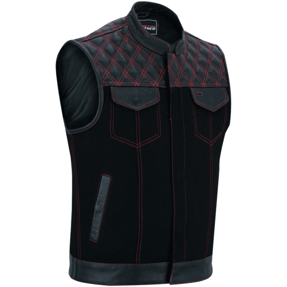 mens denim | leather motorcycle vest | ccw pockets | red stitching.