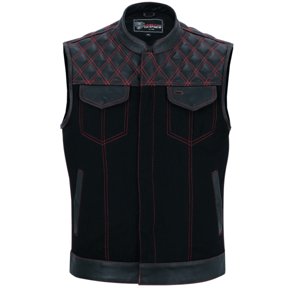 mens denim | leather motorcycle vest | ccw pockets | red stitching.