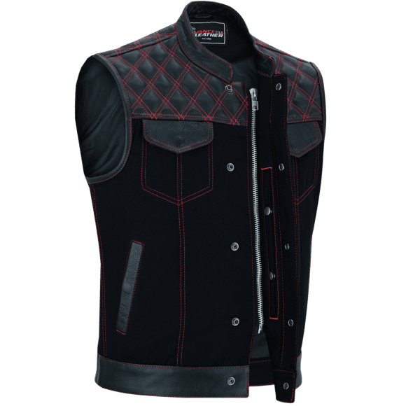 mens denim | leather motorcycle vest | ccw pockets | red stitching.