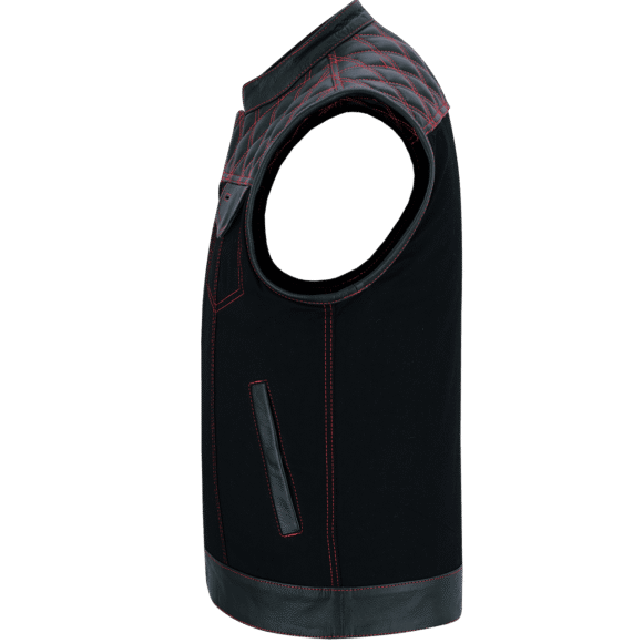 mens denim | leather motorcycle vest | ccw pockets | red stitching.