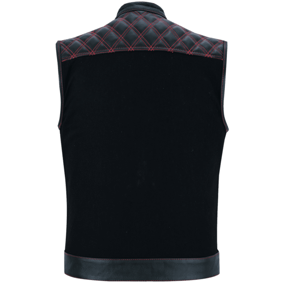 mens denim | leather motorcycle vest | ccw pockets | red stitching.