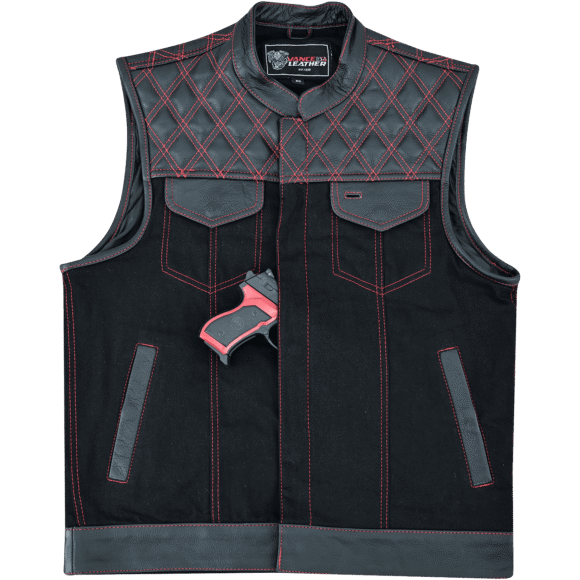 mens denim | leather motorcycle vest | ccw pockets | red stitching.