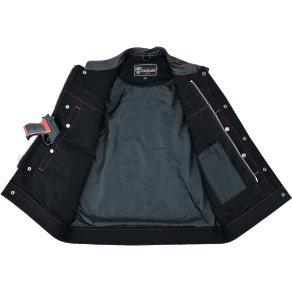 mens denim | leather motorcycle vest | ccw pockets | red stitching.