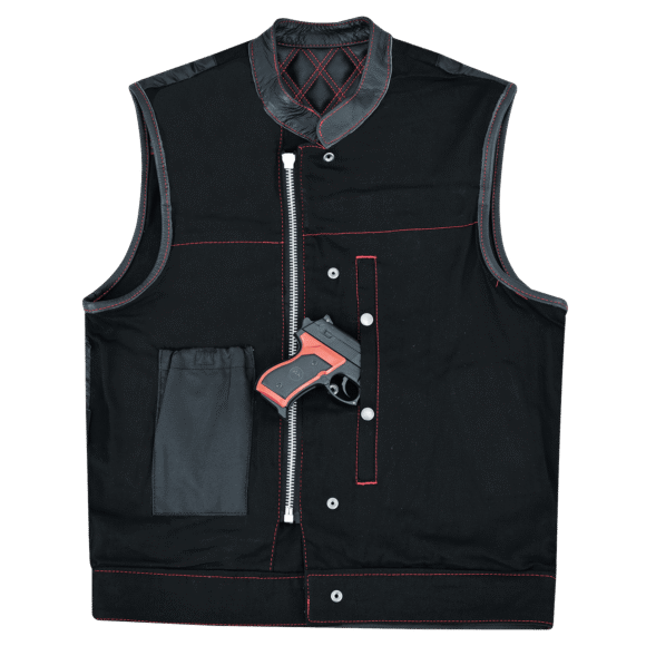 mens denim | leather motorcycle vest | ccw pockets | red stitching.
