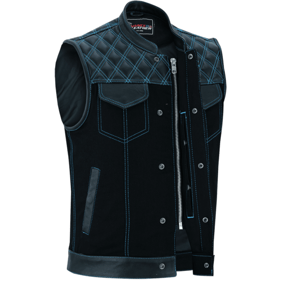mens denim | leather motorcycle vest | conceal carry pockets | blue stitching