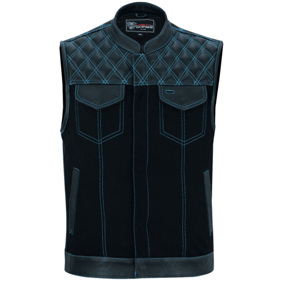 mens denim | leather motorcycle vest | conceal carry pockets | blue stitching
