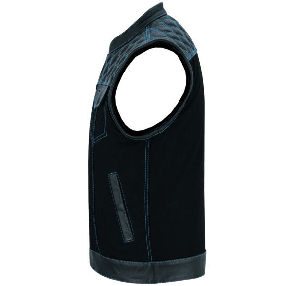 mens denim | leather motorcycle vest | conceal carry pockets | blue stitching