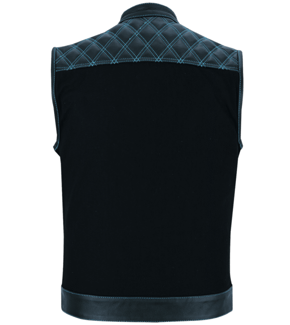 mens denim | leather motorcycle vest | conceal carry pockets | blue stitching