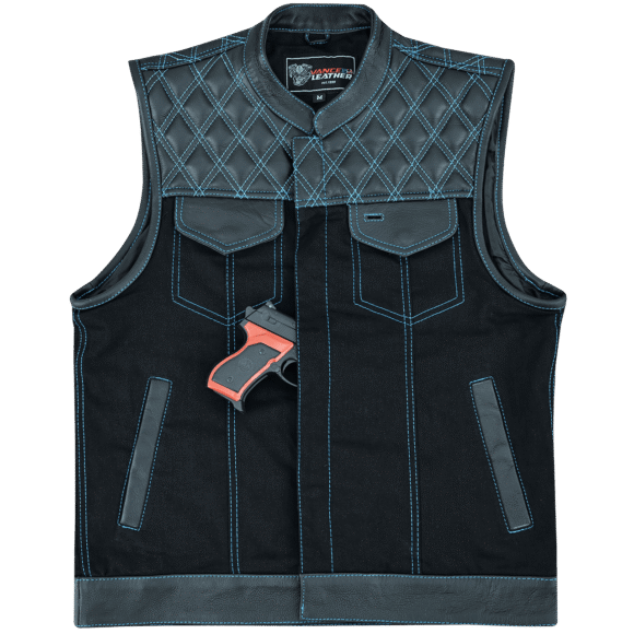 mens denim | leather motorcycle vest | conceal carry pockets | blue stitching