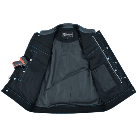 mens denim | leather motorcycle vest | conceal carry pockets | blue stitching