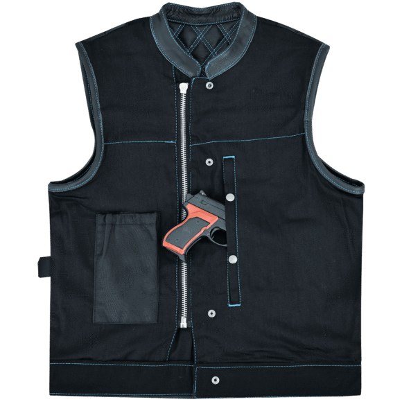 mens denim | leather motorcycle vest | conceal carry pockets | blue stitching