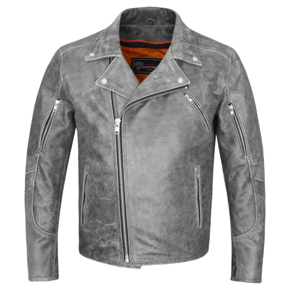 high mileage mens beltless dual conceal carry distressed gray premium cowhide leather biker motorcycle jacket