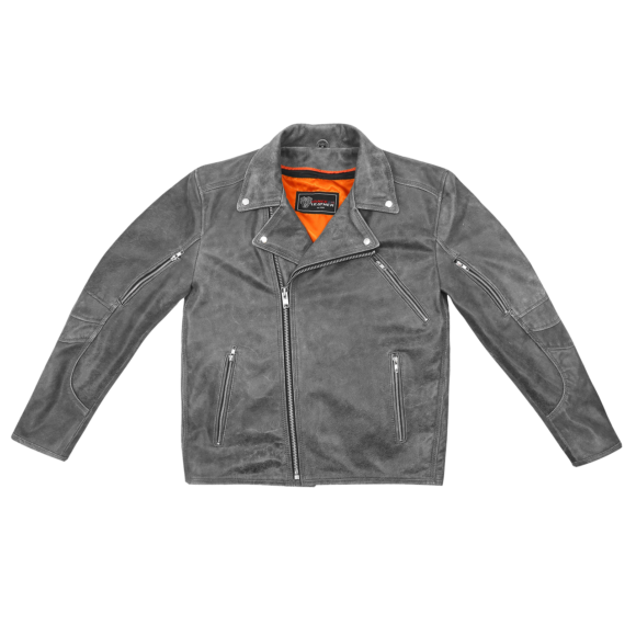 high mileage mens beltless dual conceal carry distressed gray premium cowhide leather biker motorcycle jacket