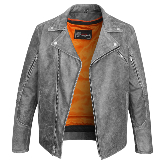 high mileage mens beltless dual conceal carry distressed gray premium cowhide leather biker motorcycle jacket